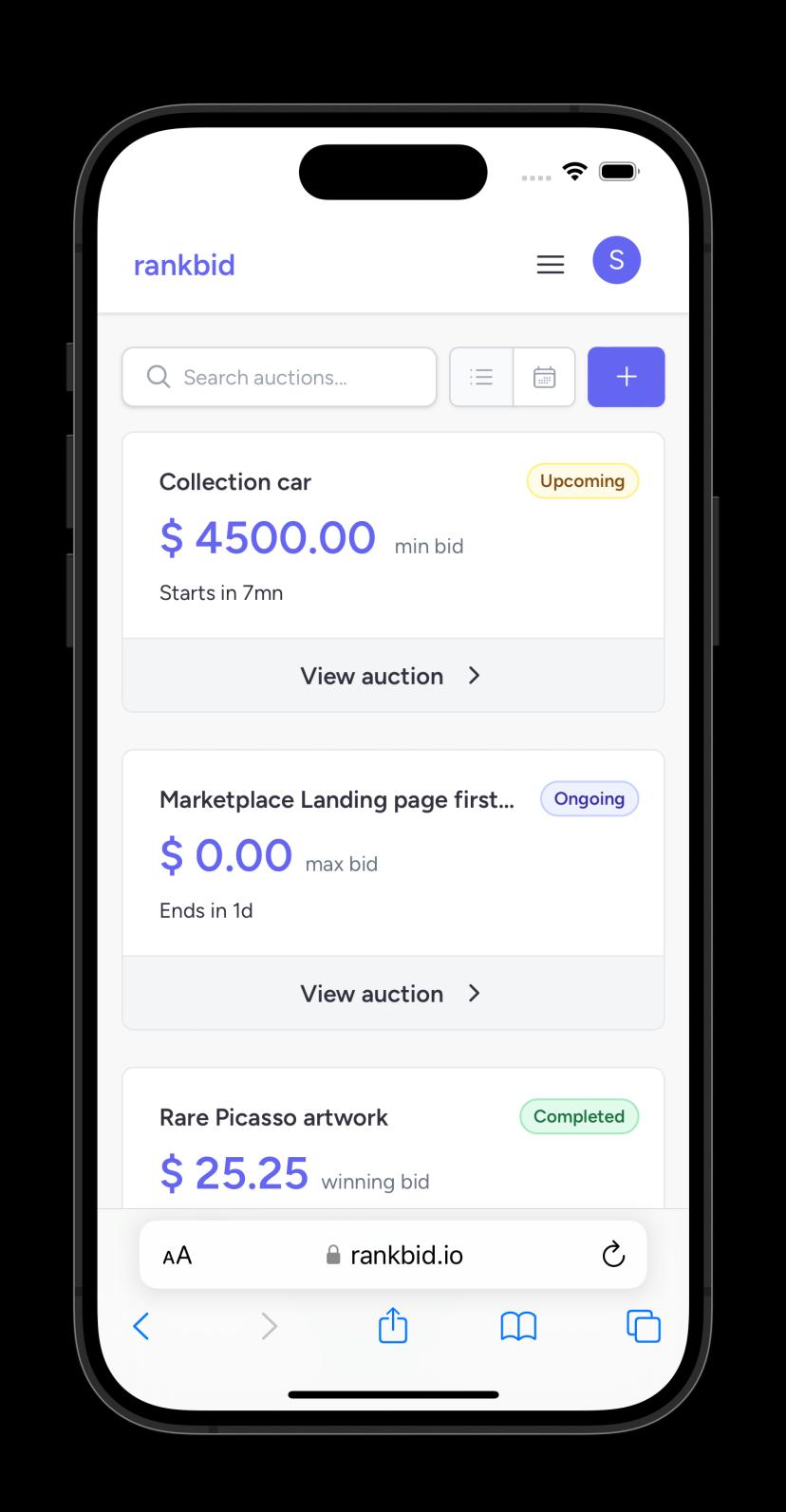 Preview of Rankbid's dashboard for auction management on a mobile screen
