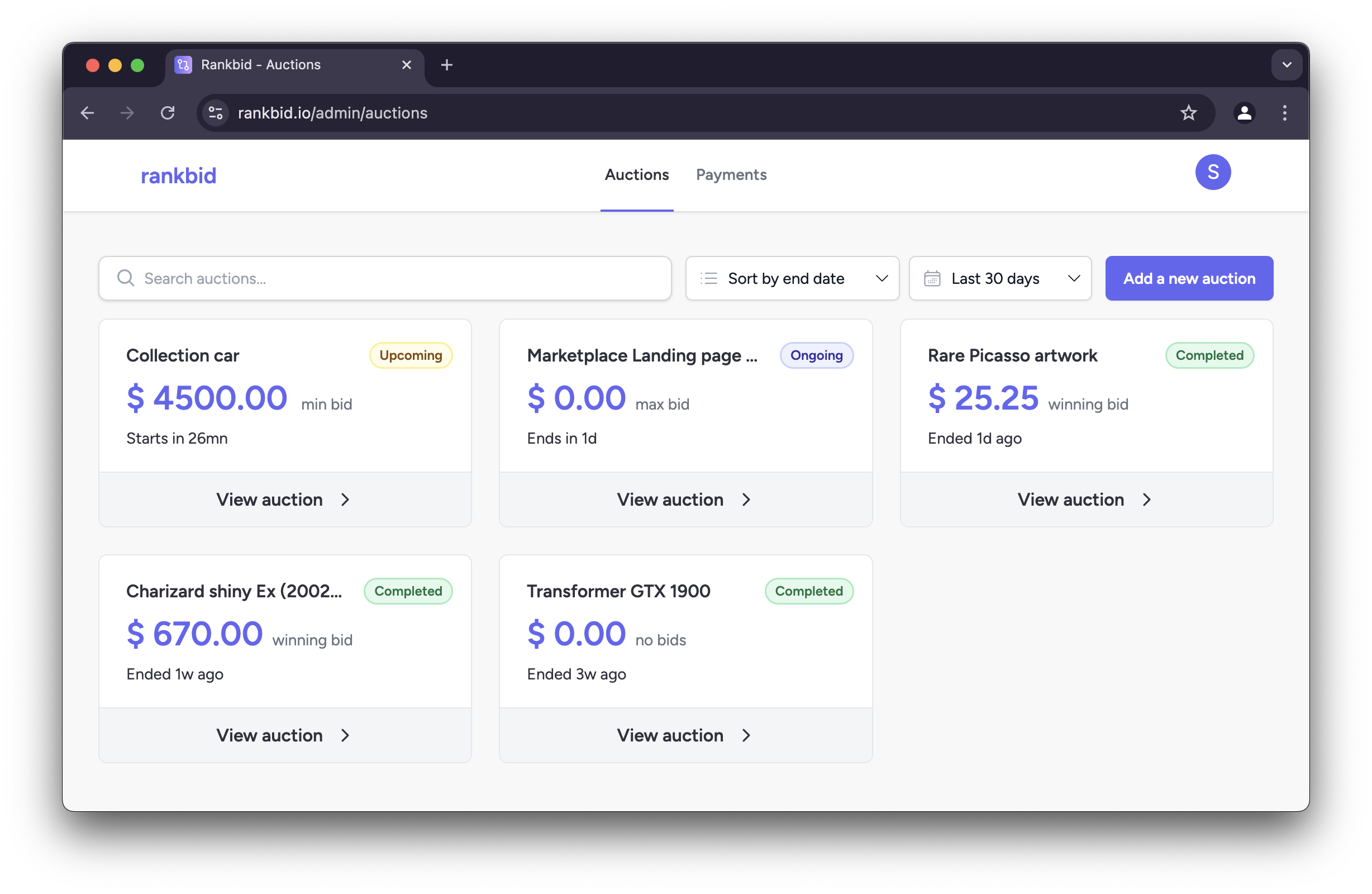 Preview of Rankbid's dashboard for auction management on a desktop screen